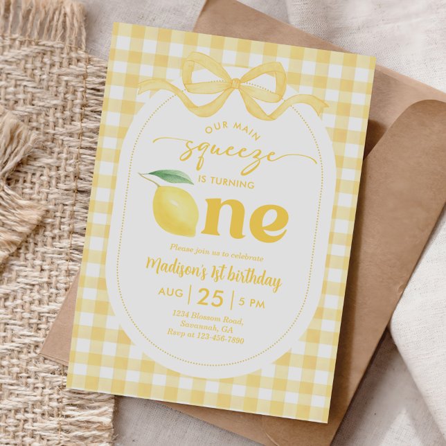 Convite Gingham Lemon, nosso primeiro aniversario principa (Criador carregado)