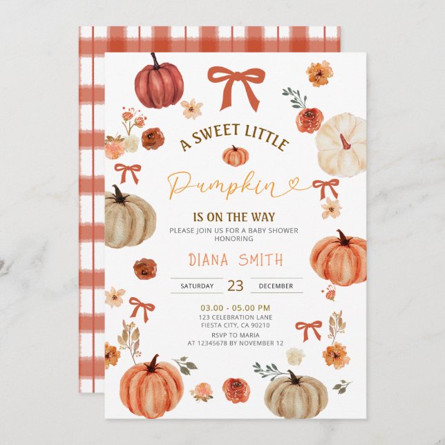 Convite Gingham Little Pumpkin Rustic Chá de fraldas Invit (Frente/Verso)