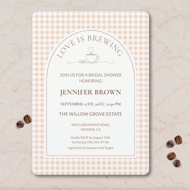 Convite Gingham Love Is Brewing Coffee Bridal Shower (Criador carregado)