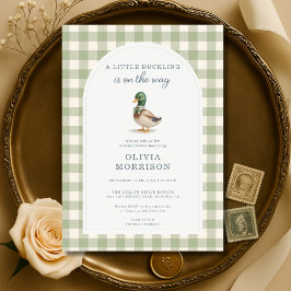 Convite Gingham Mallard Duck Bow Sage Green Baby Shower