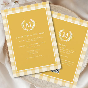 Convite Gingham Monograma Crest Código QR Amarelo
