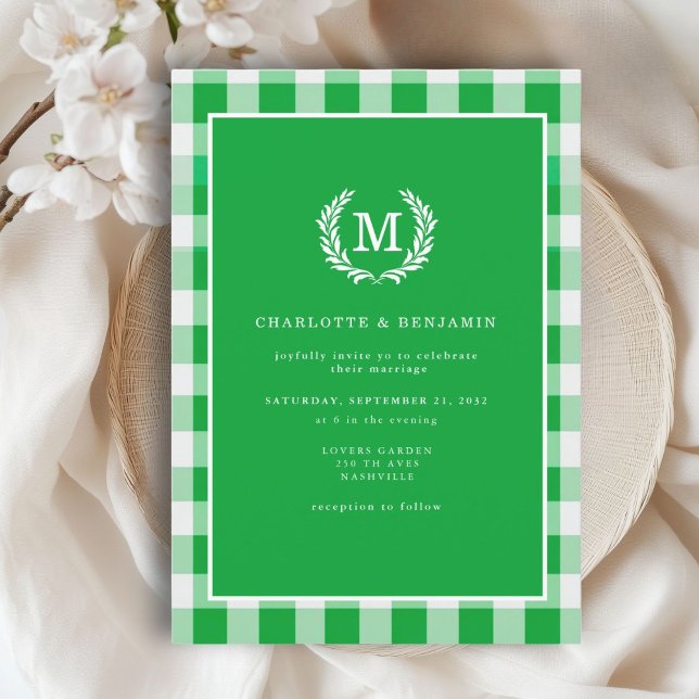 Convite Gingham Monograma Crest Verde (Green Gingham Monogram Crest Invitation. Print & Instant Download.)