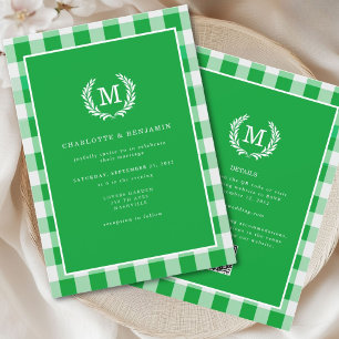 Convite Gingham Monograma Verde Crest Código QR