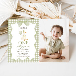 Convite Gingham One Silly Goose 1st Birthday Invitation