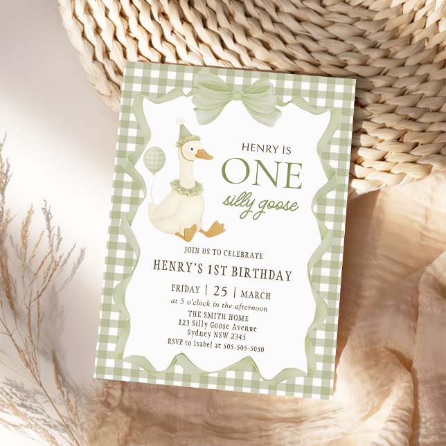 Convite Gingham One Silly Goose 1st Birthday Invitation (Criador carregado)