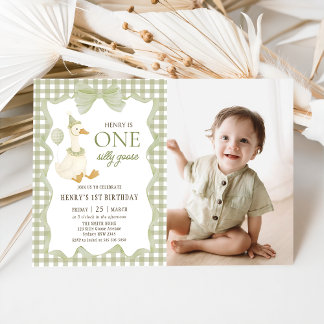 Convite Gingham One Silly Goose 1st Birthday Photo