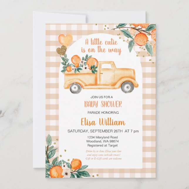 Convite Gingham Orange Citrus Little Cutie Chá de fraldas (Frente)
