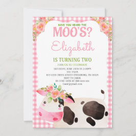 Convite Gingham-Pink-Animais da Fazenda Rapariga de Aniver