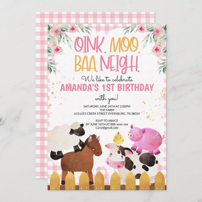 Convite Gingham-Pink-Animais da Fazenda Rapariga de Aniver (Frente/Verso)