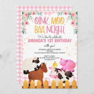 Convite Gingham-Pink-Animais da Fazenda Rapariga de Aniver