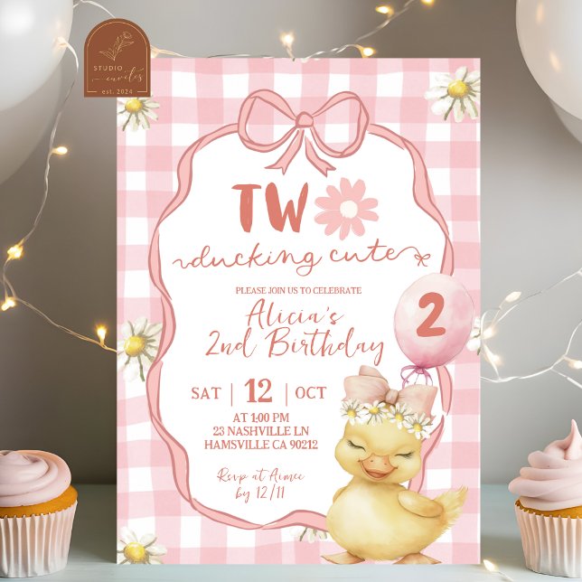 Convite Gingham Pink Daisy Yellow Duck 2nd Birthday (Criador carregado)
