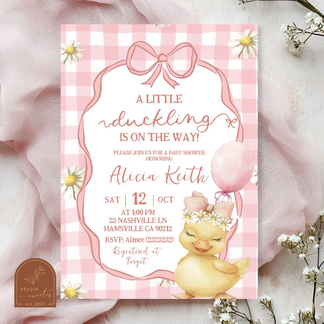 Convite Gingham Pink Daisy Yellow Duck Baby Shower (Criador carregado)