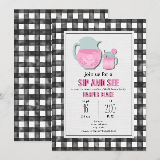 Convite Gingham Pink Lemonade Sip & See Baby Invance (Frente/Verso)