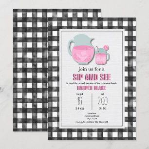 Convite Gingham Pink Lemonade Sip & See Baby Invance