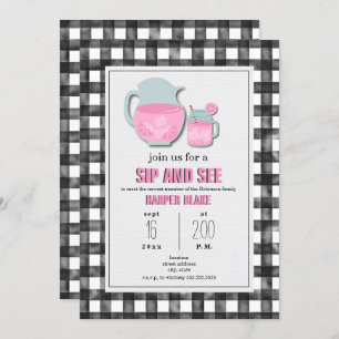 Convite Gingham Pink Lemonade Sip & See Baby Invent