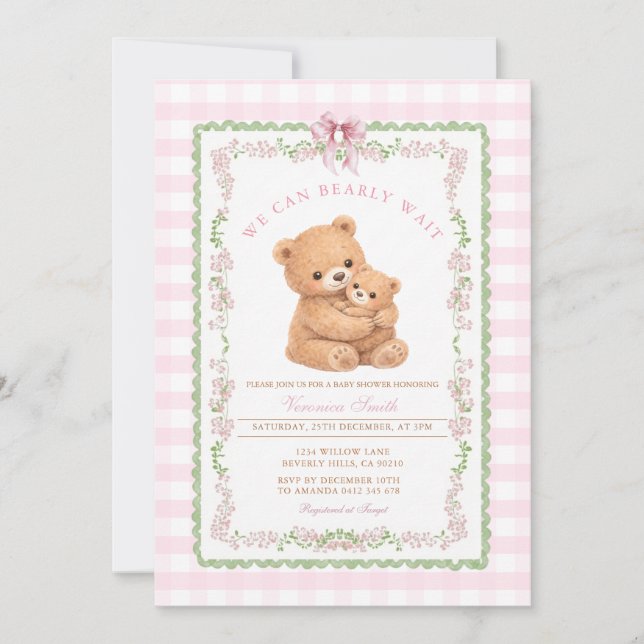 Convite Gingham Pink We can bearly wait Bear Baby Shower (Frente)