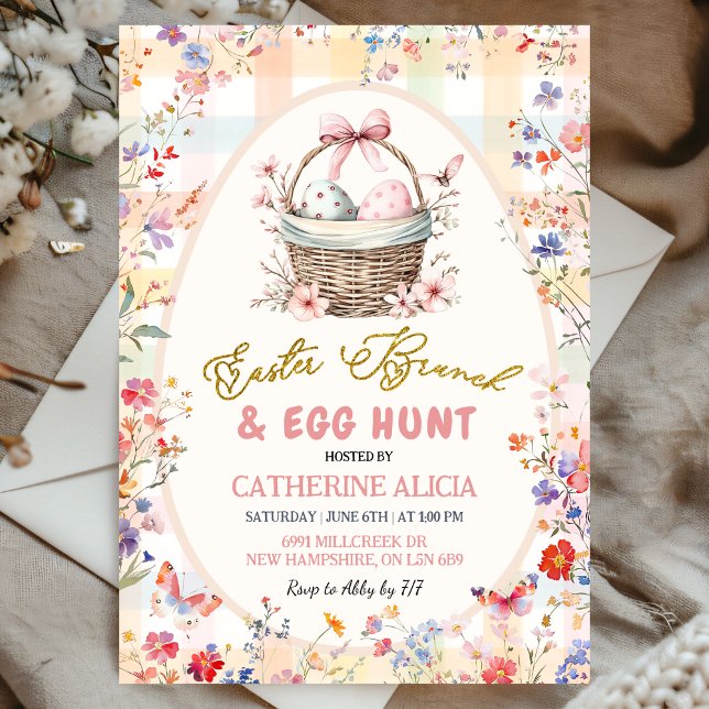 Convite Gingham Pink Wildflower Easter Egg Hunt and Brunch (Criador carregado)