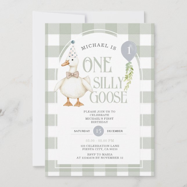 Convite Gingham, primeiro aniversario de Goose de Bobo Min (Frente)