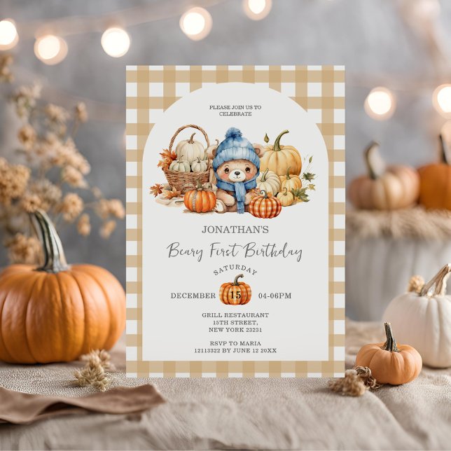 Convite Gingham Pumpkin - Beary First Birday (Criador carregado)