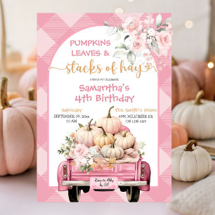 Convite Gingham Pumpkin Folhas e Pilhas de Hay Birthday