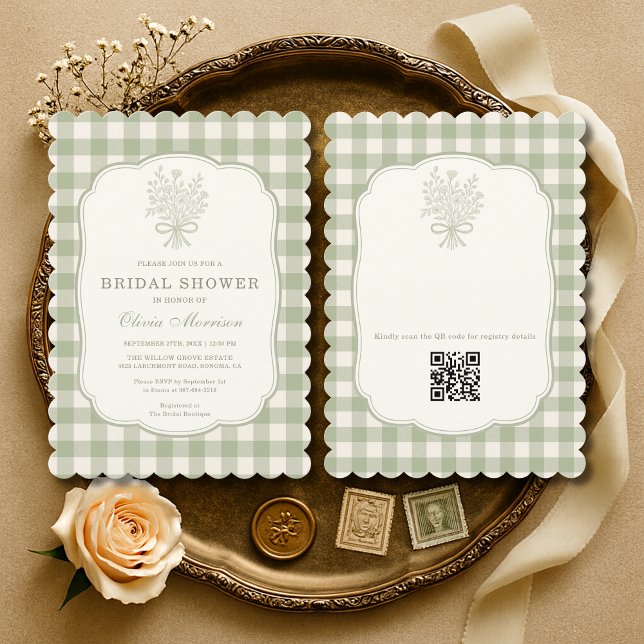 Convite Gingham QR Code Sage Green Floral Bridal Shower (Criador carregado)
