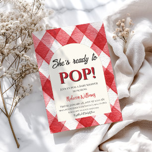 Convite Gingham Red Ela está pronta para Pop de Chá de fra