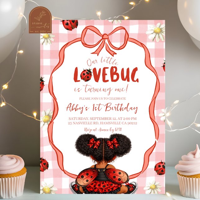 Convite Gingham Red Ladybug 1st Birthday Invitation_ (Criador carregado)