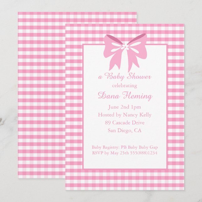 Convite Gingham rosa e branco e Chá de fraldas Arco (Frente/Verso)