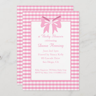 Convite Gingham rosa e branco e Chá de fraldas Arco