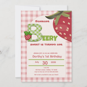 Convite Gingham Rosa Morango Berry Primeiro Aniversário In