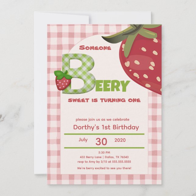 Convite Gingham Rosa Morango Berry Primeiro Aniversário In (Frente)