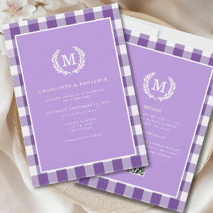 Convite Gingham Roxo Monograma Crest Código QR