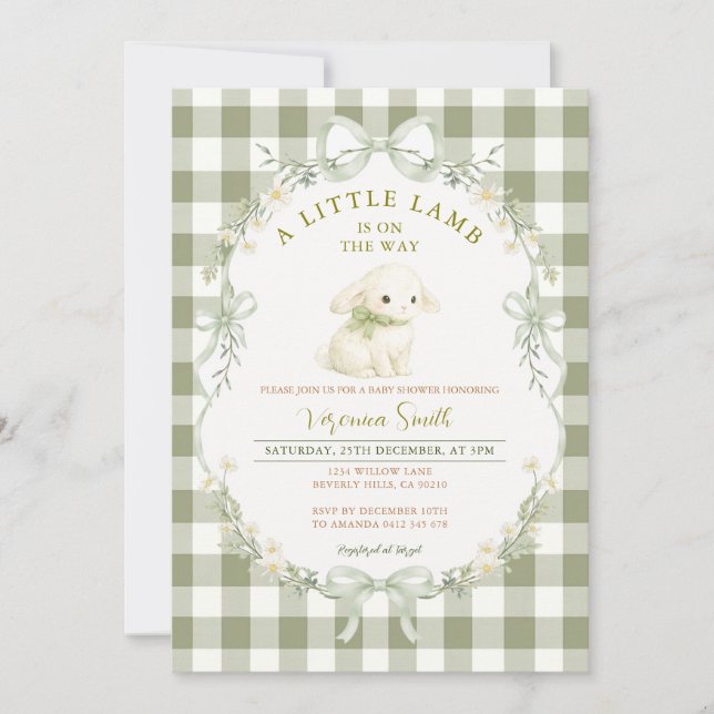 Convite Gingham Sage Green Little Lamb Baby Shower (Frente)