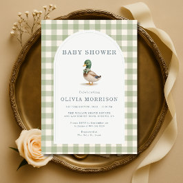 Convite Gingham Sage Green Mallard Duck Bow Baby Shower