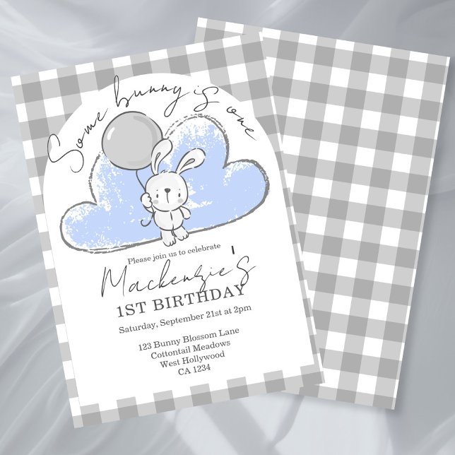 Convite Gingham Some Bunny É Um Aniversário Personalizado (Gingham Some Bunny Is One Birthday Personalized Invitation by Ricaso. Blue bunny rabbit party)