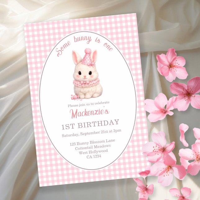 Convite Gingham Some Bunny Is One Birthday Personalized (Gingham Some Bunny Is One Birthday Personalized Invitation by Ricaso. Pink bunny rabbit party)
