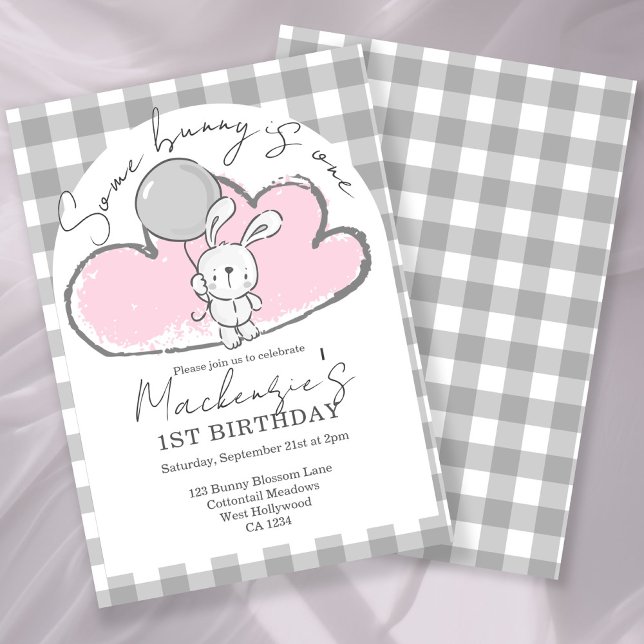 Convite Gingham Some Bunny Is One Birthday Personalized (Gingham Some Bunny Is One Birthday Personalized Invitation by Ricaso. Pink bunny rabbit party)