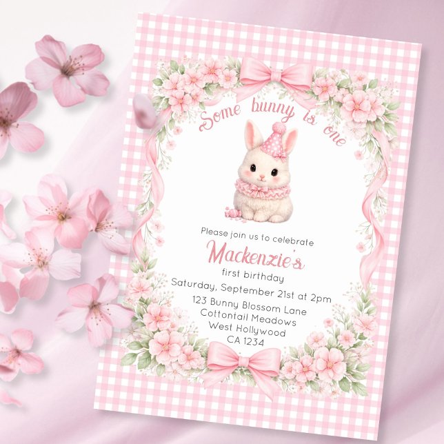 Convite Gingham Some Bunny Is One Birthday Personalized (Gingham Some Bunny Is One Birthday Personalized Invitation
by Ricaso. Pink bunny rabbit in party hat)