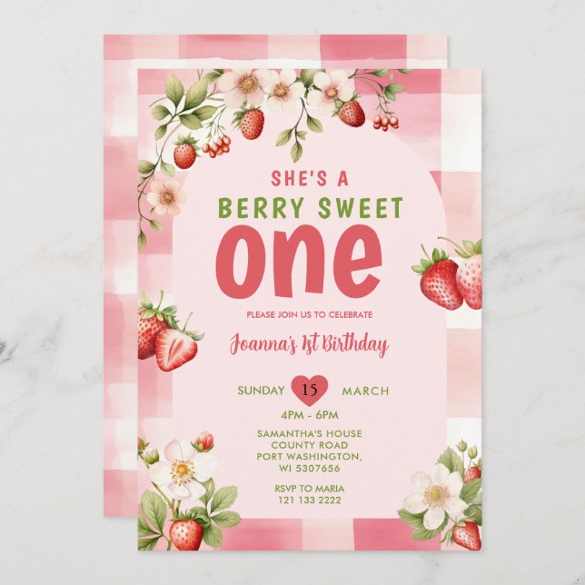 Convite Gingham Strawberry Sweet One Berry primeiro aniver (Frente/Verso)