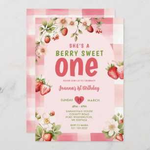 Convite Gingham Strawberry Sweet One Berry primeiro aniver