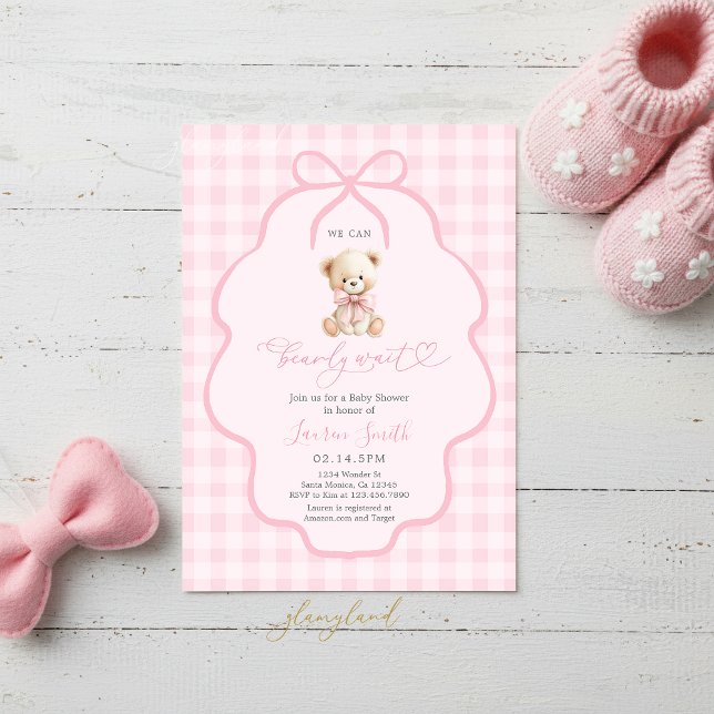 Convite Gingham Teddy Bear Girl Baby Shower (Criador carregado)