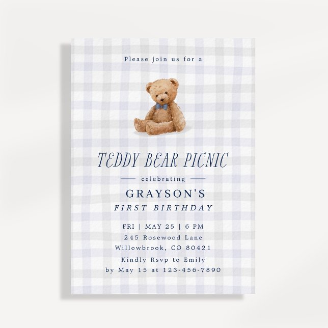 Convite Gingham Teddy Bear Picnic First Birthday  (Criador carregado)