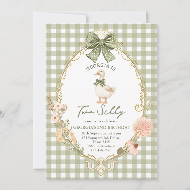 Convite Gingham Two Silly Goose 2nd Birthday Invitation (Frente)