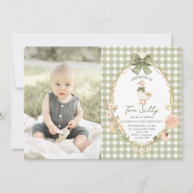 Convite Gingham Two Silly Goose 2nd Birthday Photo (Frente)
