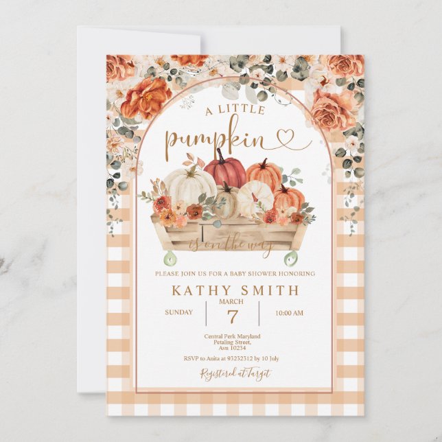 Convite Gingham Um pouco de abóbora está a caminho do Chá  (Frente)