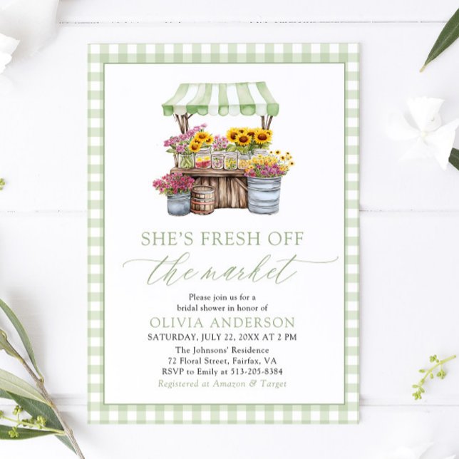 Convite Gingham Verde Fresco Do Chá de panela De Mercado (Green Gingham Fresh Off The Market Bridal Shower Invitation)