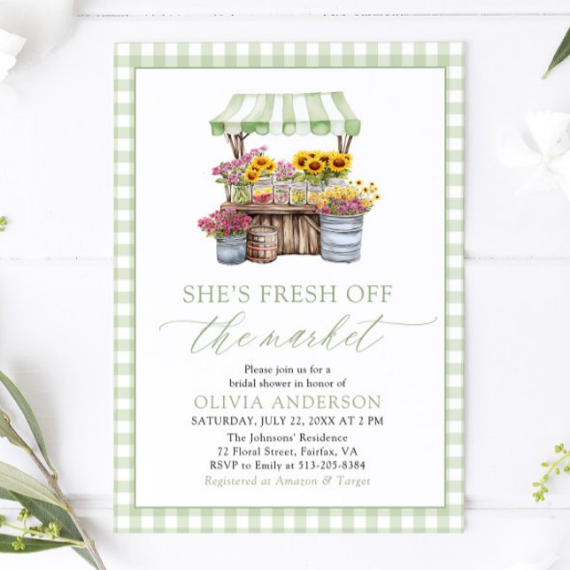 Convite Gingham Verde Fresco Do Chá de panela De Mercado (Green Gingham Fresh Off The Market Bridal Shower Invitation)