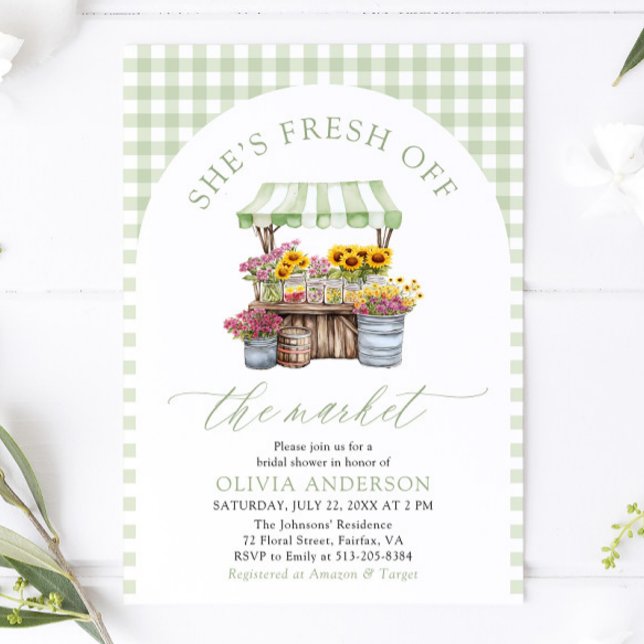 Convite Gingham Verde Fresco Do Chá de panela De Mercado (Green Gingham Fresh Off The Market Bridal Shower Invitation)