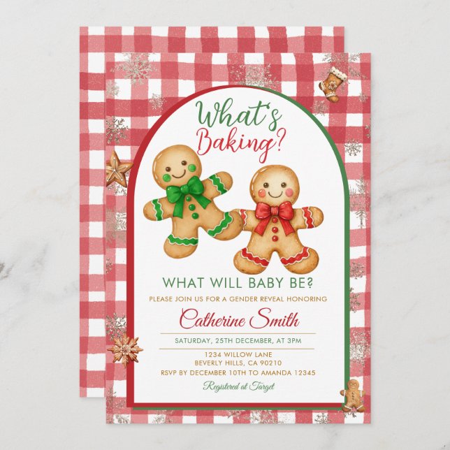 Convite Gingham What's Baking Gingerbread Gender Reveal (Frente/Verso)