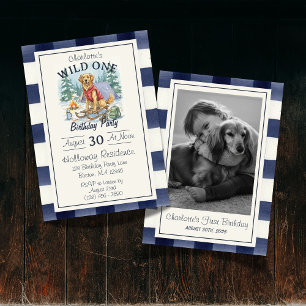 Convite Gingham Wild One Ouro Retriever primeiro aniversar